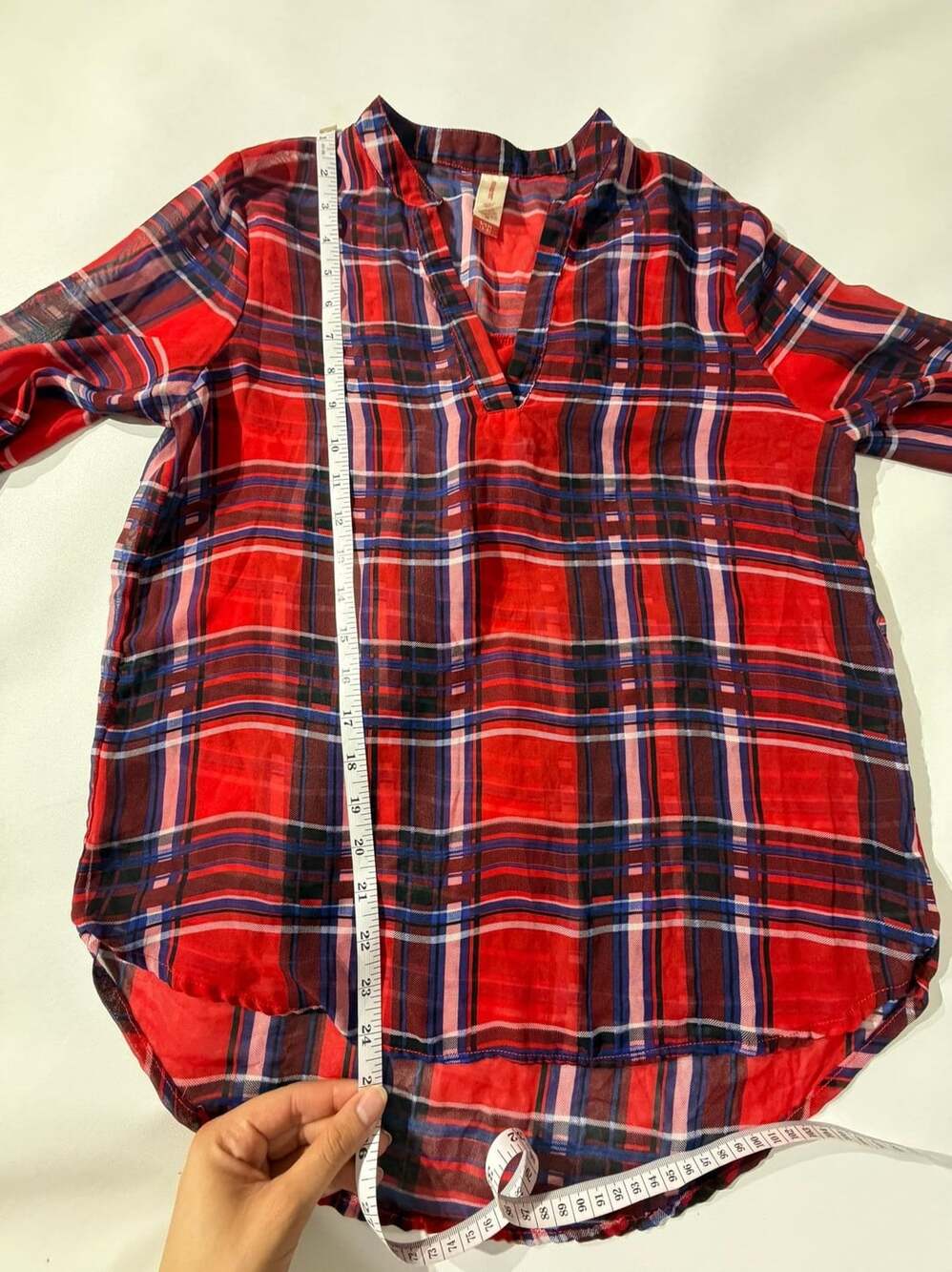 No Boundaries Red Plaid Sheer V-Neck Long Sleeve Blouse Womens Small 3-5